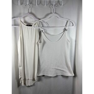 ZJCT‎ White Waffle Knit Spaghetti Strap Tank Top & Basic Tank Bundle Size S
